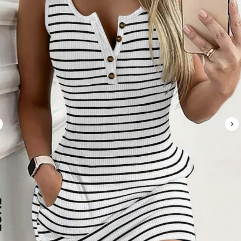 Casual Round Neck Keyhole Button Pockets Striped Fitted Knit Tank Dress