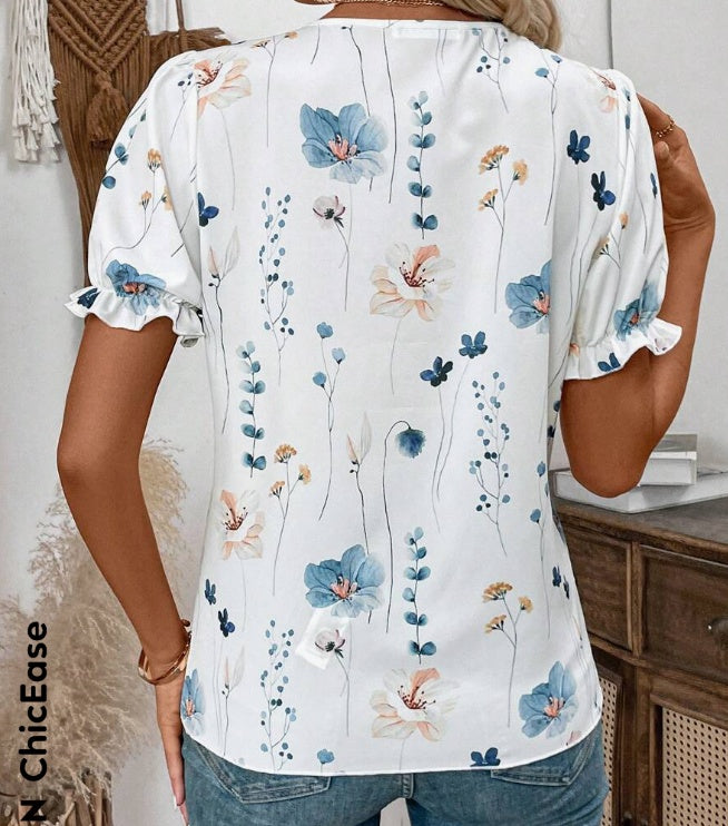 Women's Vacation Leisure Floral Print Contrast Lace Puff Sleeve Shirt