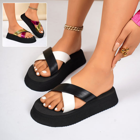 Crossed-straped Thick Bottom Slippers Summer Casual Seaside Vacation Beach Shoes For Women Fashion Sandals