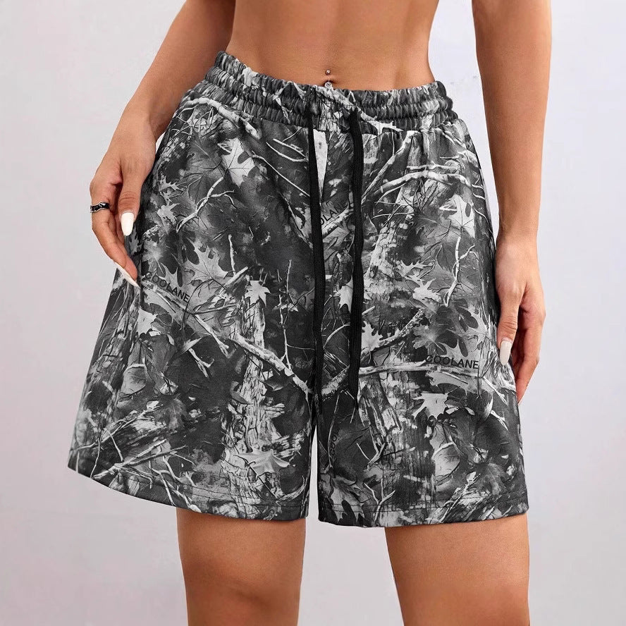 Drawstring Exercise Camouflage Leaf Print Casual Shorts