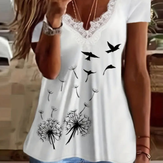 Color Blocked Lace Dandelion Printed T-shirt