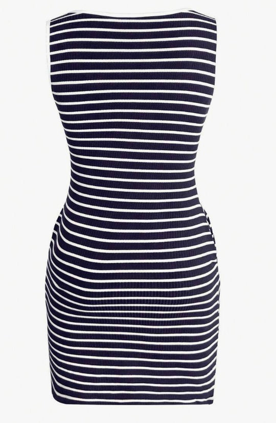 Casual Round Neck Keyhole Button Pockets Striped Fitted Knit Tank Dress