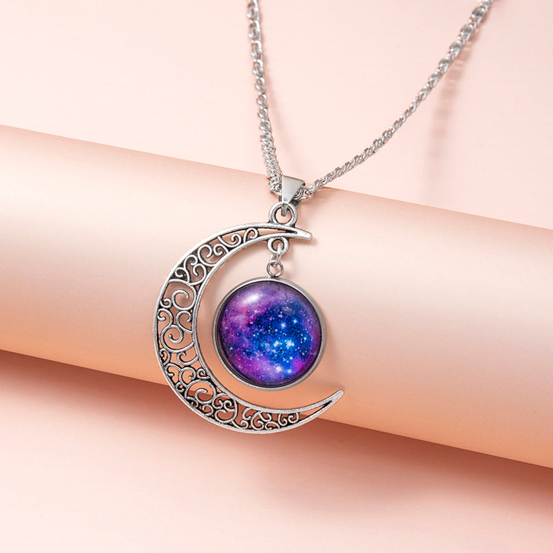 Galaxy Planet Star Glass Necklace Silver Hollow Moon Pendant Statement Necklaces For Women