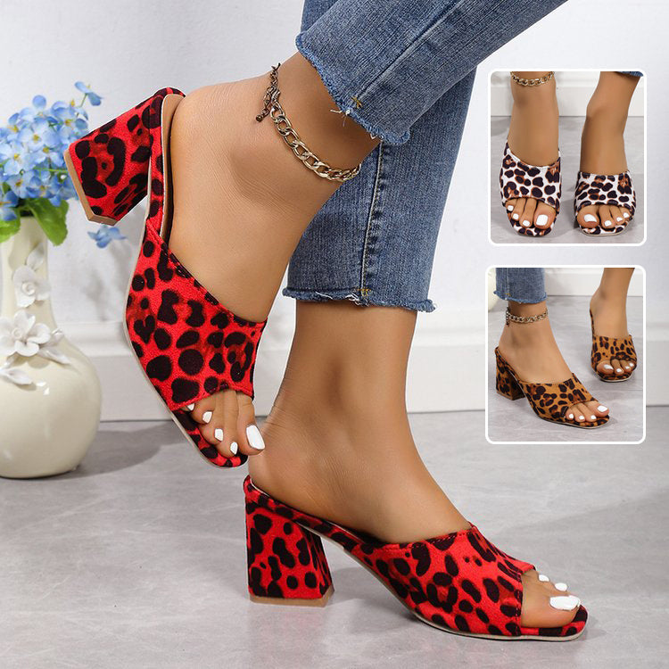 Leopard Square Toe Sandals Summer High-heeled Slippers Chunky Heel Shoes For Women