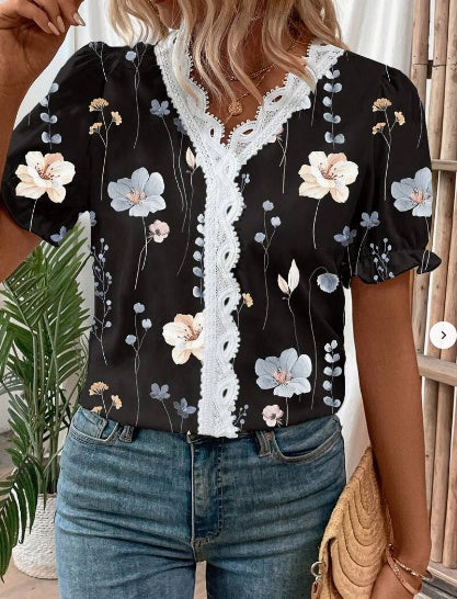 Women's Vacation Leisure Floral Print Contrast Lace Puff Sleeve Shirt