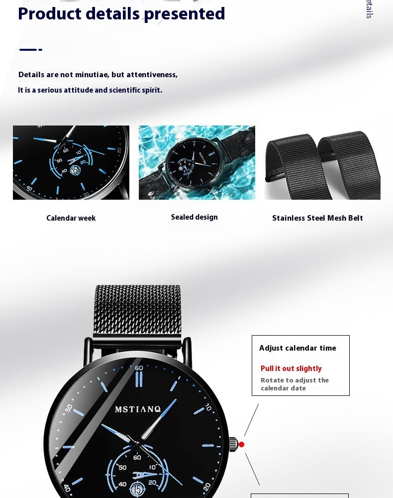 Trade Watch Stylish Black Technology Belt Refined Steel Korean Casual Calendar