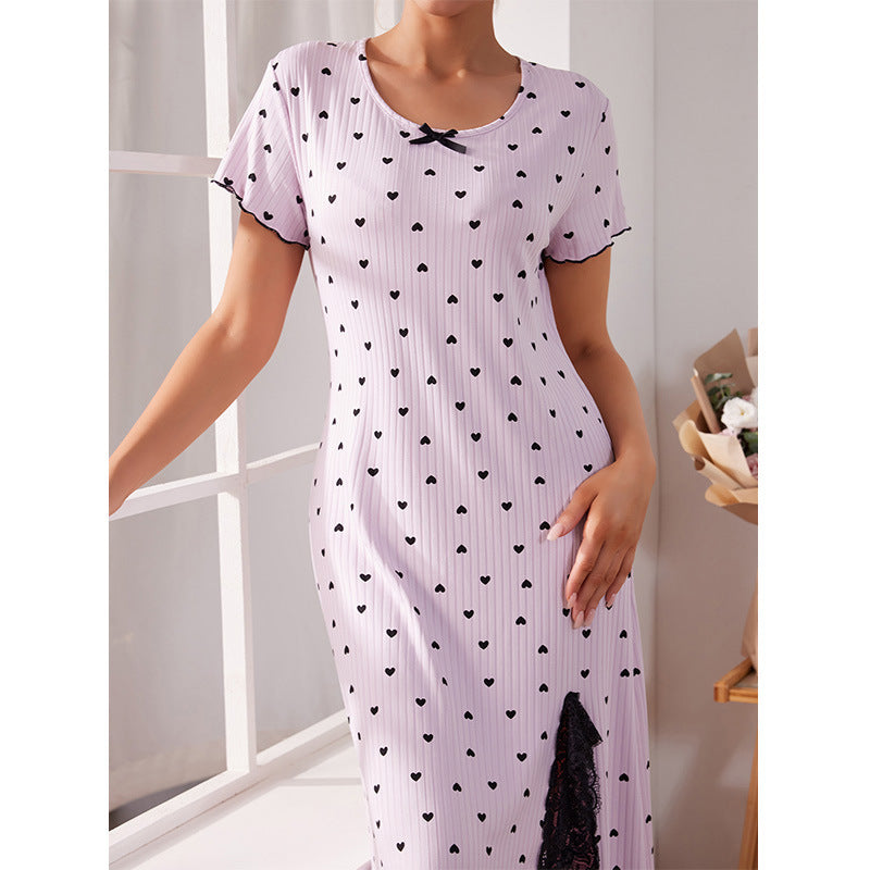 Round Neck Short Sleeve Love Plus Size Slit Mid-length Dress