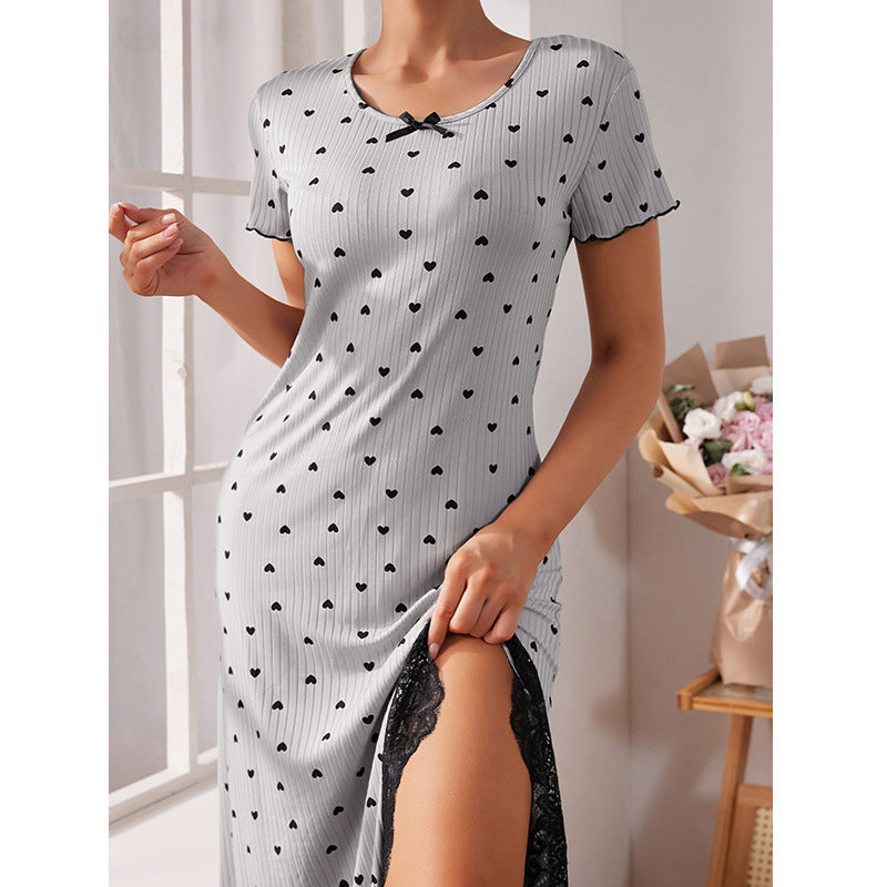 Round Neck Short Sleeve Love Plus Size Slit Mid-length Dress