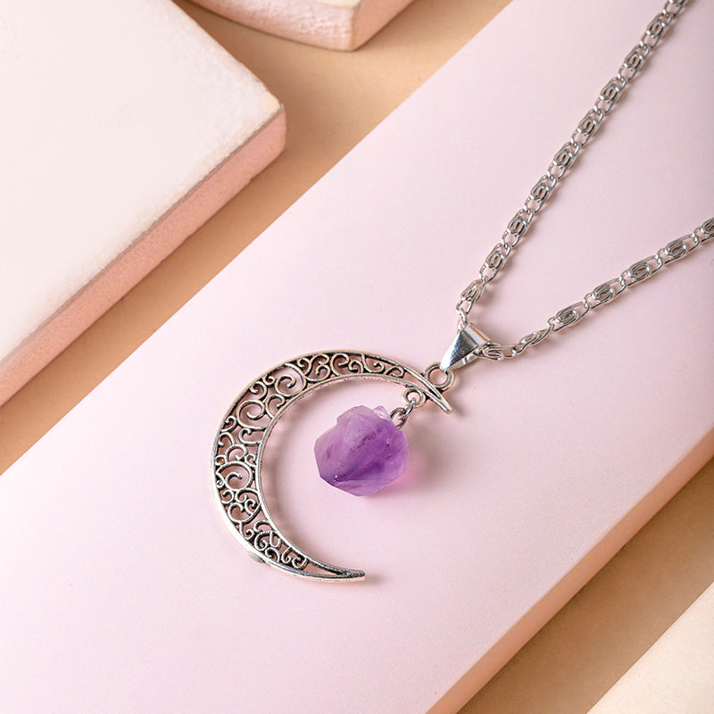 Vintage Purple Natural Stone Moon Necklaces For Women