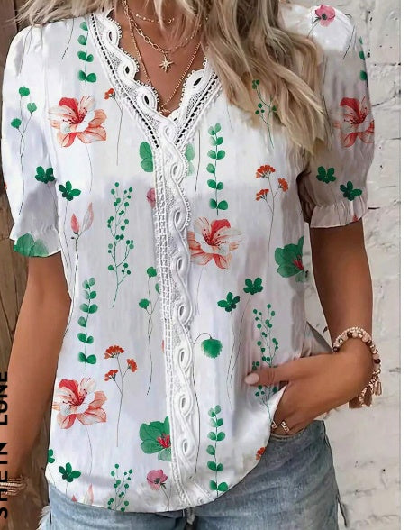 Women's Vacation Leisure Floral Print Contrast Lace Puff Sleeve Shirt