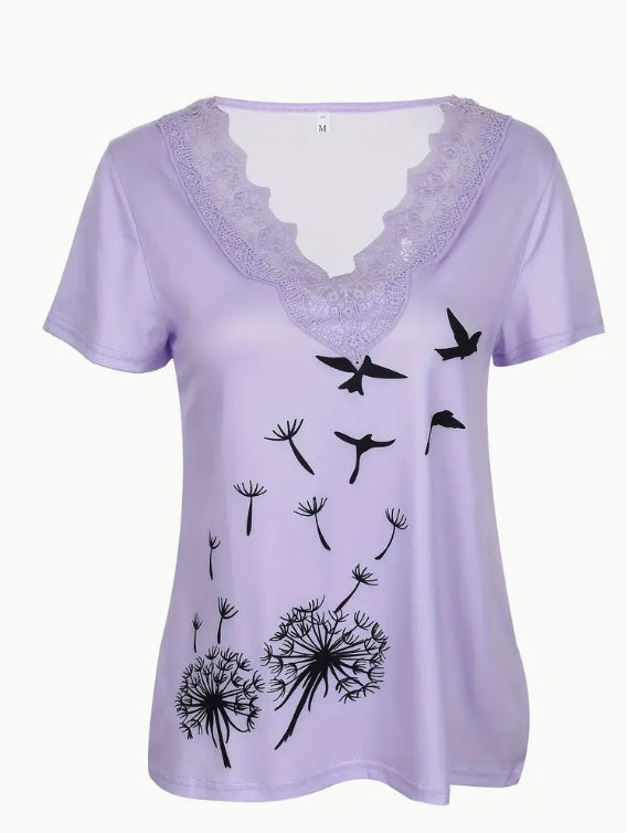 Color Blocked Lace Dandelion Printed T-shirt