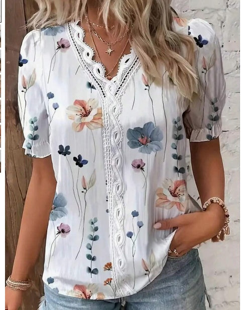 Women's Vacation Leisure Floral Print Contrast Lace Puff Sleeve Shirt