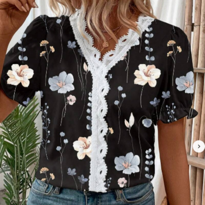 Women's Vacation Leisure Floral Print Contrast Lace Puff Sleeve Shirt