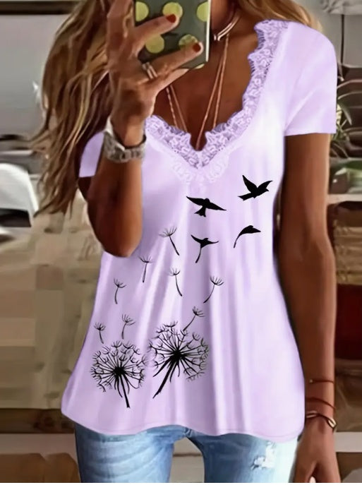 Color Blocked Lace Dandelion Printed T-shirt