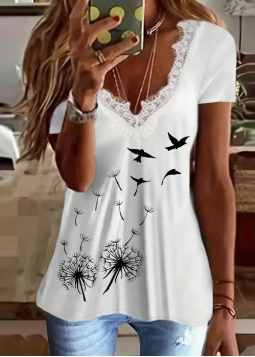 Color Blocked Lace Dandelion Printed T-shirt